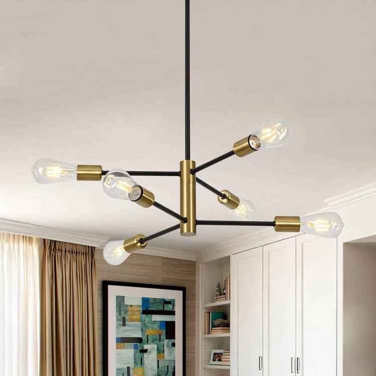 Lustre sputnik noir et laiton à 6 bras, douilles dorées, ampoules filament