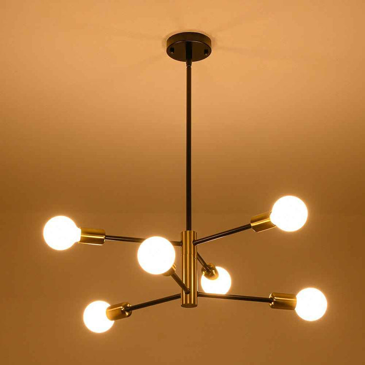 Lustre sputnik noir et laiton allumé, 6 ampoules sphériques