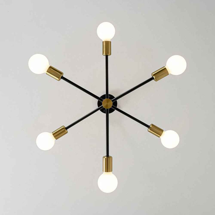 Lustre sputnik noir et laiton, 6 ampoules sphériques et anneau central