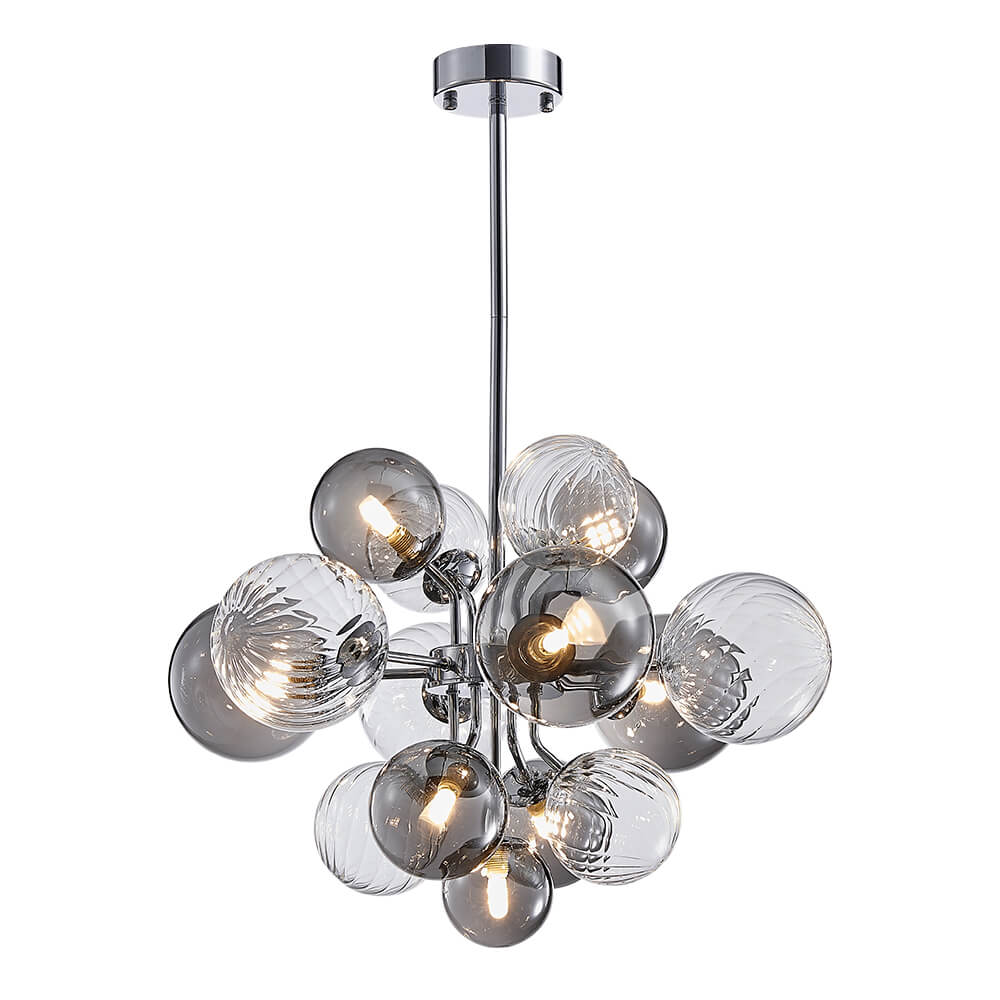 Lustre grappe avec boules de verre fumé et transparentes, fixation ronde chromée.