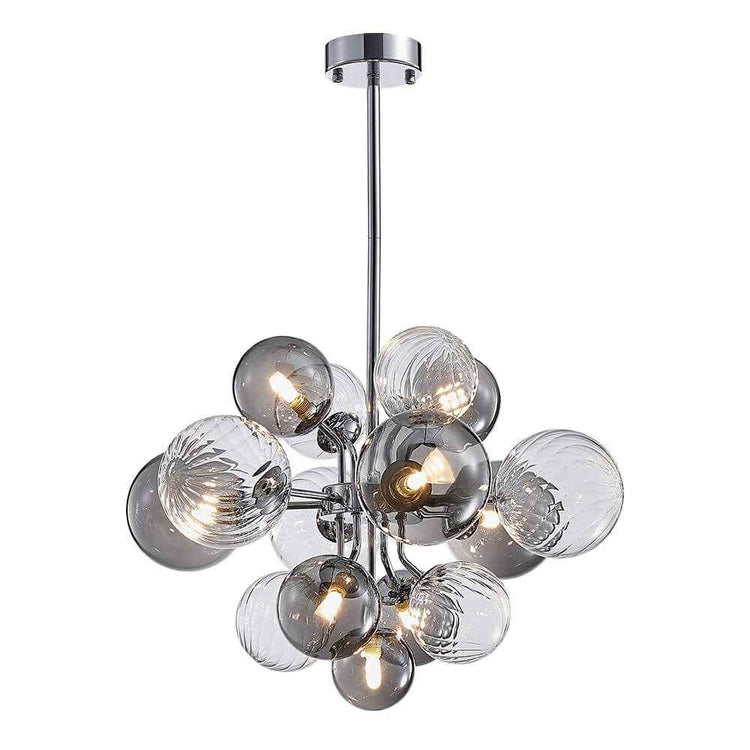 Lustre grappe avec boules de verre fumé et transparentes, fixation ronde chromée.