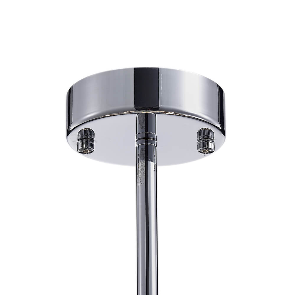 Rosace de plafond chromée pour lustre, avec fixation centrale et tige.