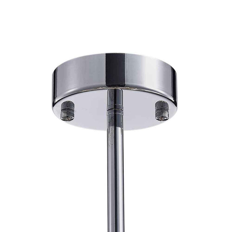 Rosace de plafond chromée pour lustre, avec fixation centrale et tige.