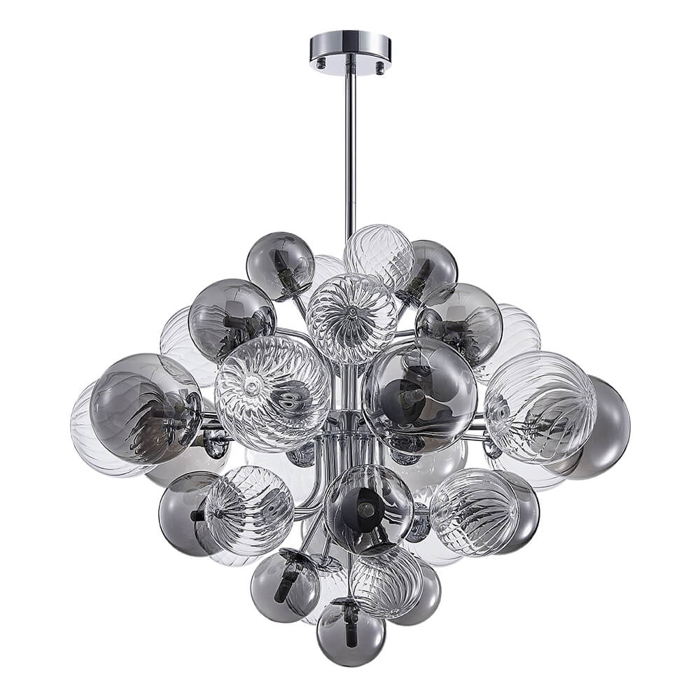 Lustre grappe avec boules de verre fumé et transparentes, tiges chromées.