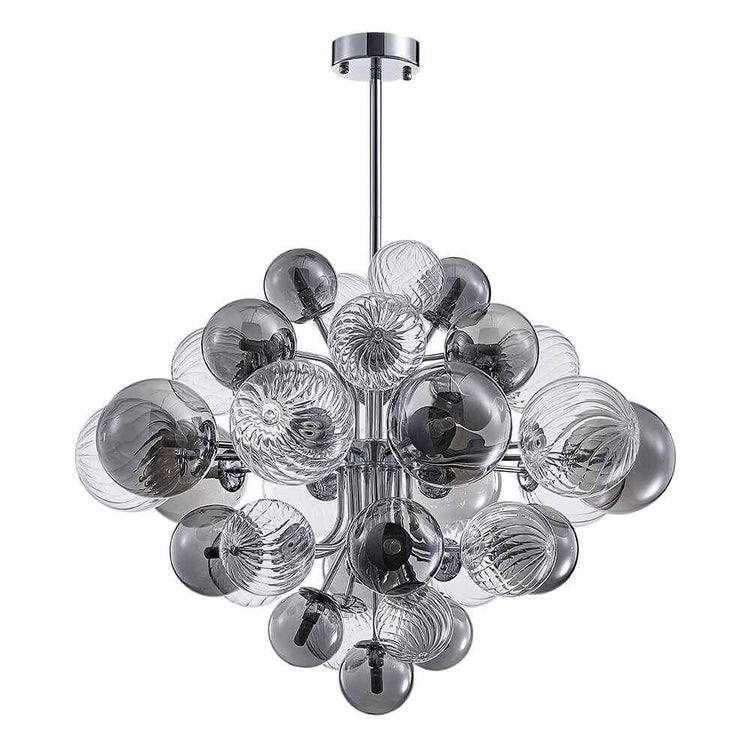 Lustre grappe avec boules de verre fumé et transparentes, tiges chromées.