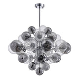 Lustre grappe avec boules de verre fumé et transparentes, tiges chromées.
