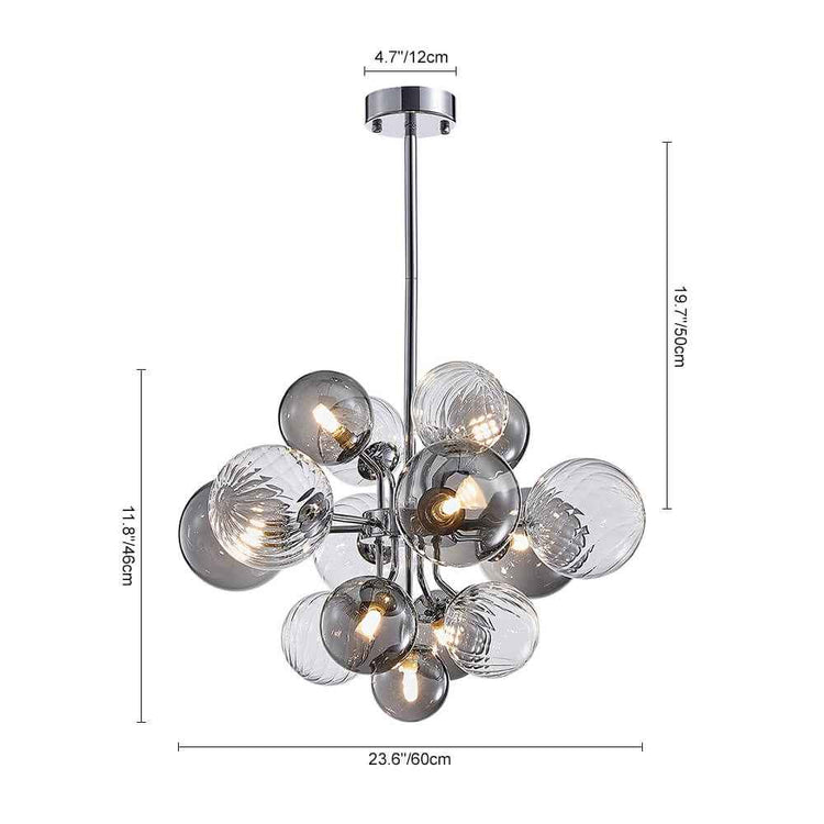 Lustre suspendu à grappe de boules de verre, dimensions indiquées sur fond blanc.
