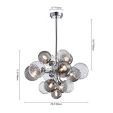 Lustre suspendu à grappe de boules de verre, dimensions indiquées sur fond blanc.