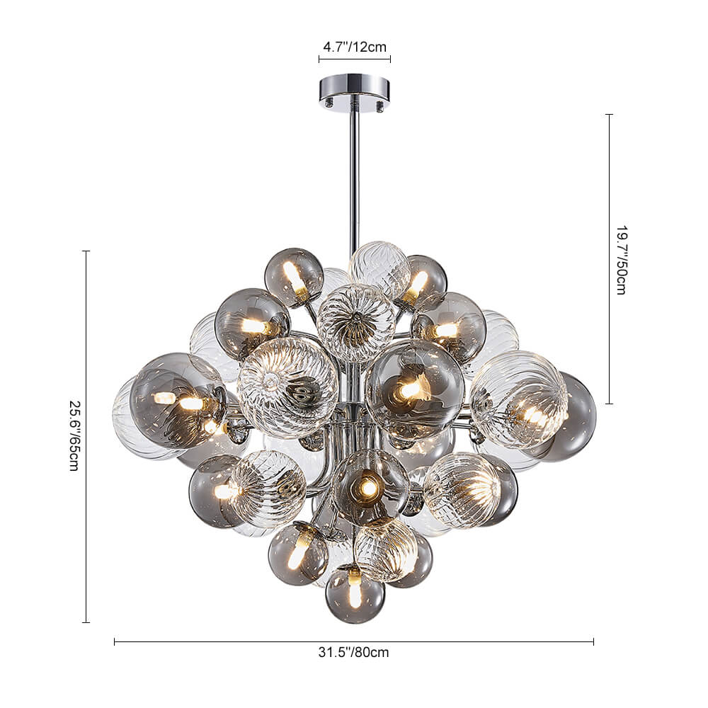 Lustre à boules de verre et ampoules, avec dimensions indiquées sur fond blanc.