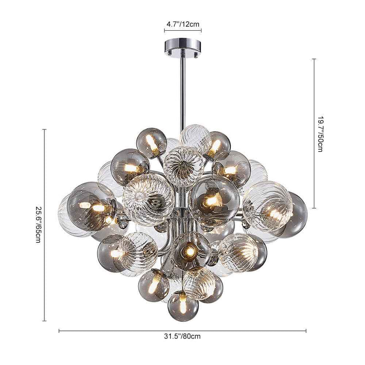Lustre à boules de verre et ampoules, avec dimensions indiquées sur fond blanc.