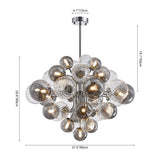Lustre à boules de verre et ampoules, avec dimensions indiquées sur fond blanc.