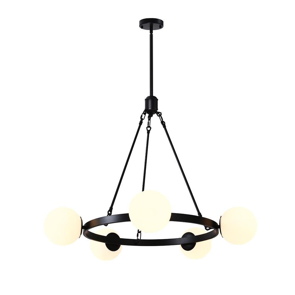 Lustre suspendu noir à cinq globes en verre laiteux, suspension centrale