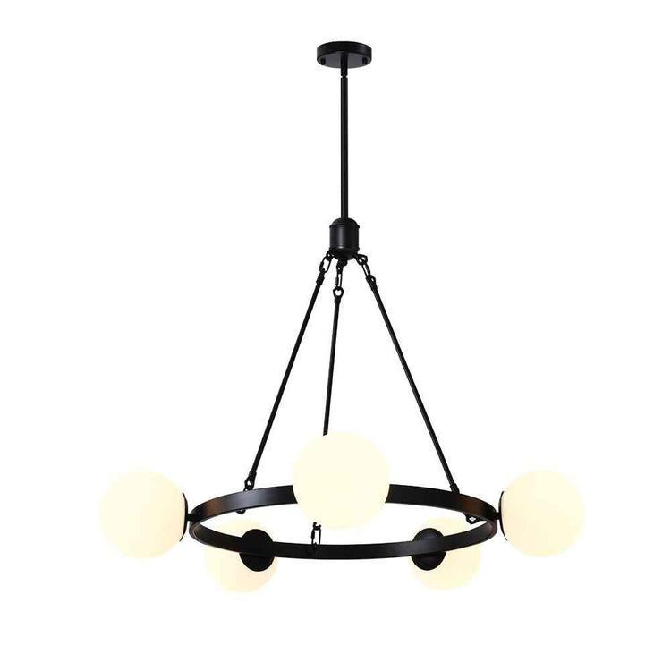 Lustre suspendu noir à cinq globes en verre laiteux, suspension centrale