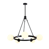 Lustre suspendu noir à cinq globes en verre laiteux, suspension centrale