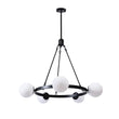 Lustre suspendu noir à cinq globes en verre laiteux, anneau circulaire en métal