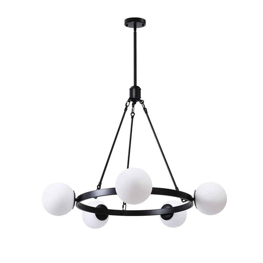 Lustre suspendu noir à cinq globes en verre laiteux, anneau circulaire en métal