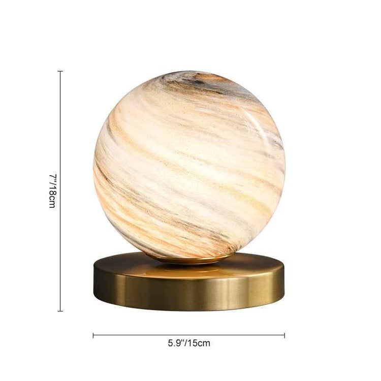 Lampe à poser boule en marbre beige sur base dorée, schéma avec dimensions