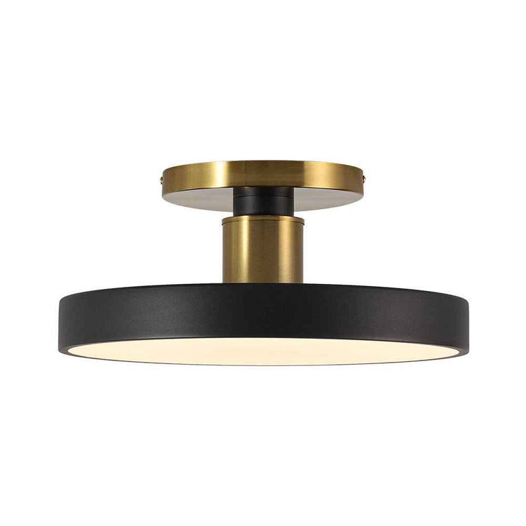 Plafonnier LED noir semi-encastré, boîtier cylindrique et anneau de fixation laiton