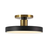 Plafonnier LED noir semi-encastré, boîtier cylindrique et anneau de fixation laiton