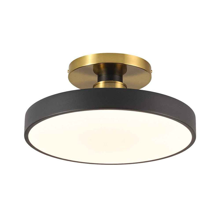 Plafonnier LED noir semi-encastré, diffuseur rond et cadre laiton