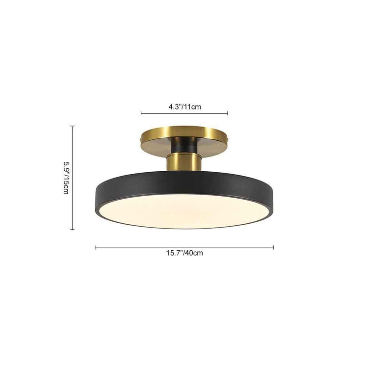 Plafonnier LED noir à diffuseur acrylique rond, anneau doré, vue de profil