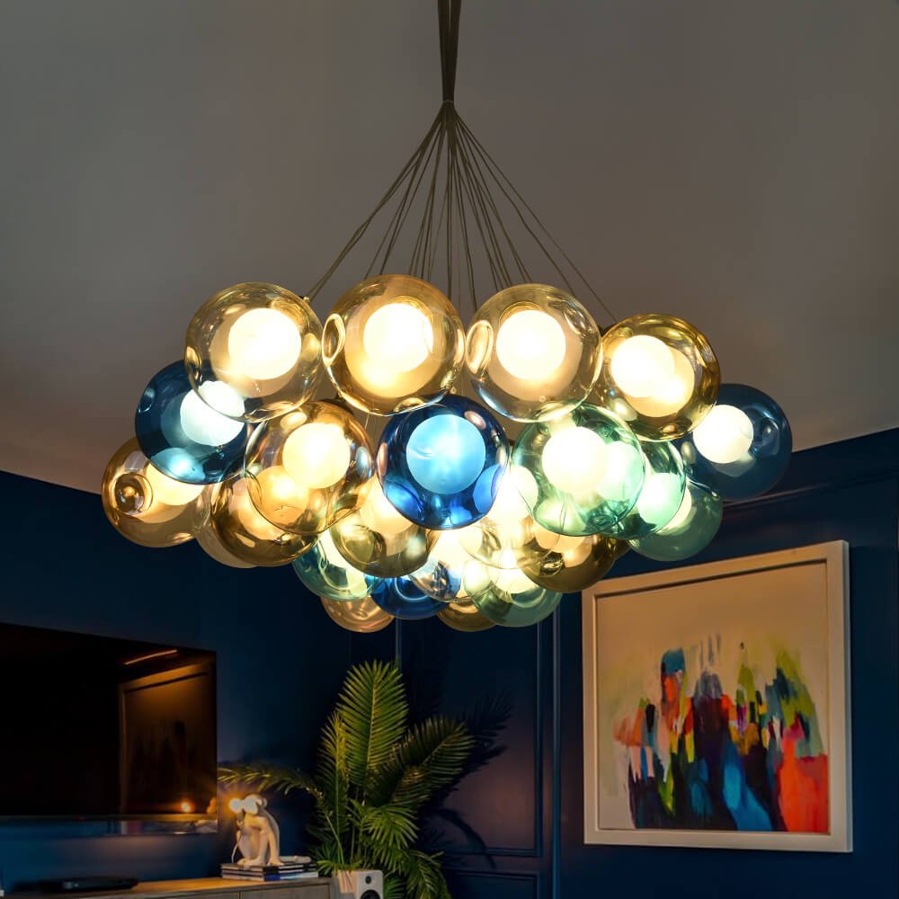 Suspension Verre Grappe Boule Suspensions Luminaires avec Multi-Color Globes pour Salle