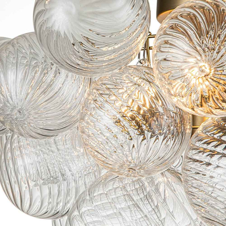 Plafonnier à grappe de boules en verre transparent texturé, monture laiton
