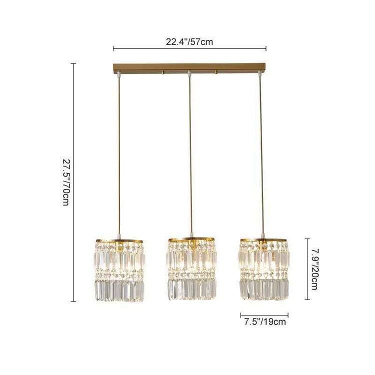 Lustre suspendu à 3 abat-jours cylindriques en verre cristal, finition dorée.