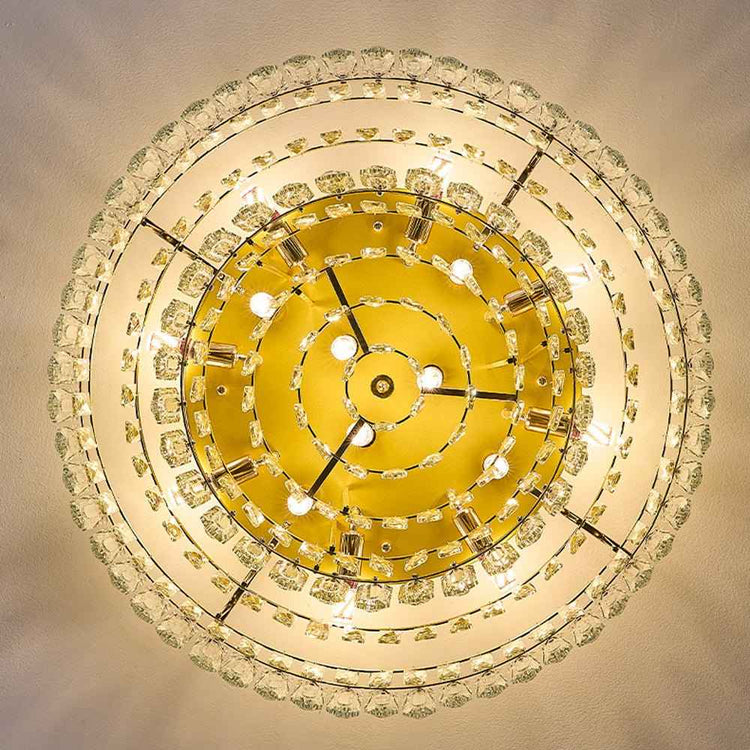 Plafonnier circulaire en cristal transparent, anneau doré et lumières