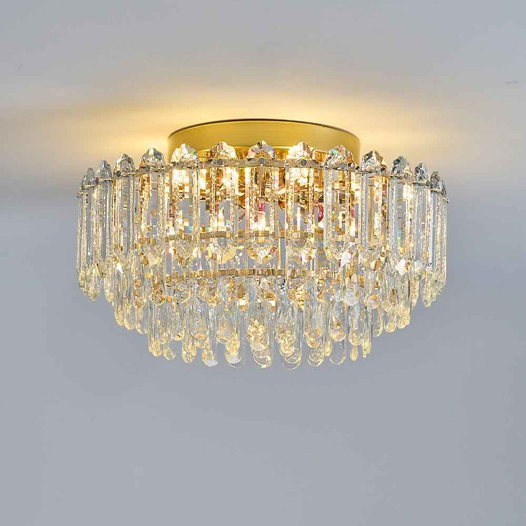 Plafonnier en cristal gouttes, anneau doré, rideau de pendeloques transparentes