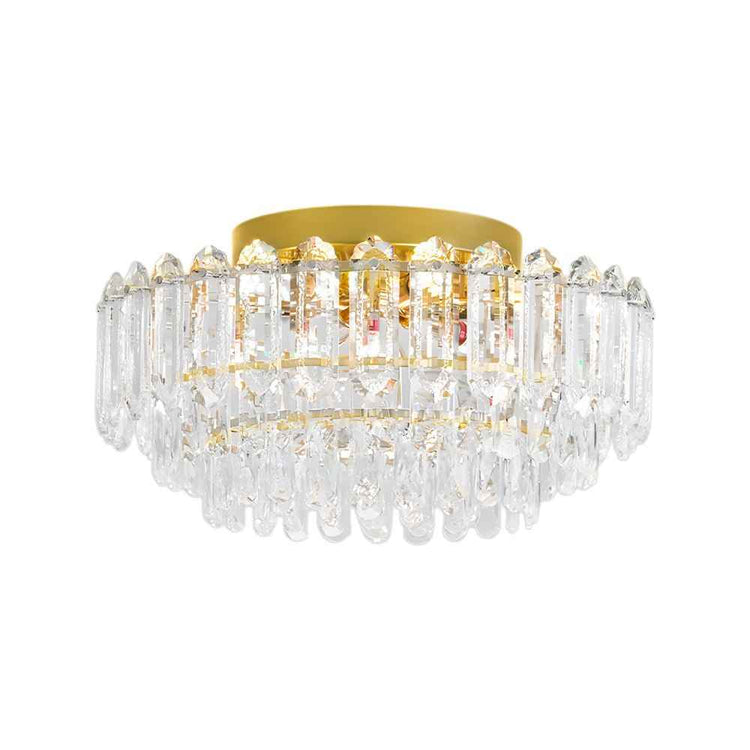 Plafonnier en cristal transparent, capot doré et pampilles pendantes