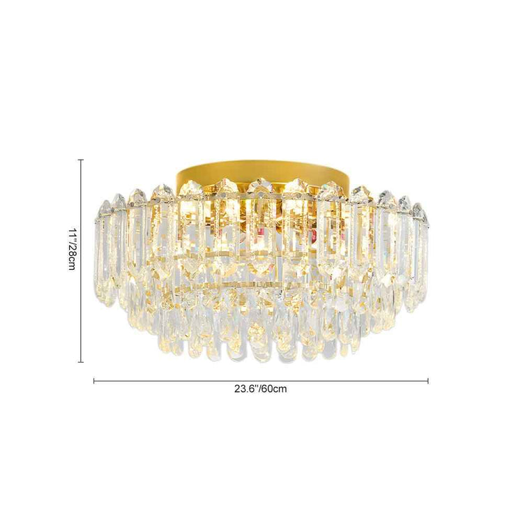 Plafonnier en cristal transparent, capot rond doré et gouttes pendantes