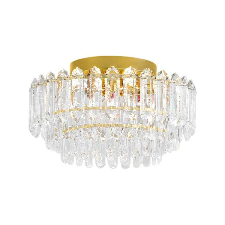 Plafonnier cristal, abat-jour doré, pendeloques en verre transparent