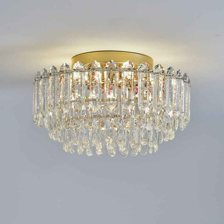 Plafonnier cristal goutte de pluie, monture dorée et cristaux transparents