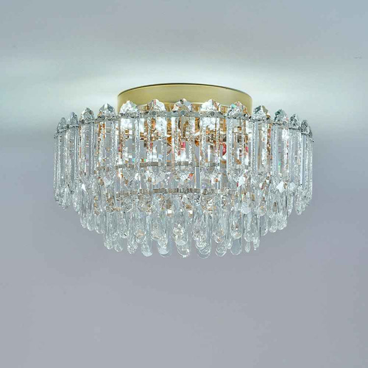 Plafonnier en cristal gouttes, anneau doré et pendeloques en verre transparent