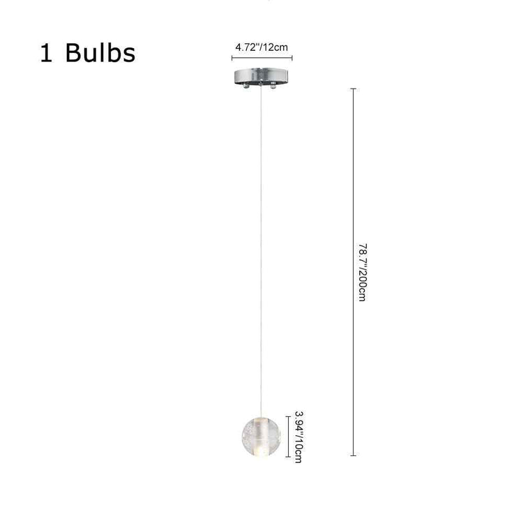 Suspension à un globe en cristal, petite sphère brillante, câble fin et rosace ronde.