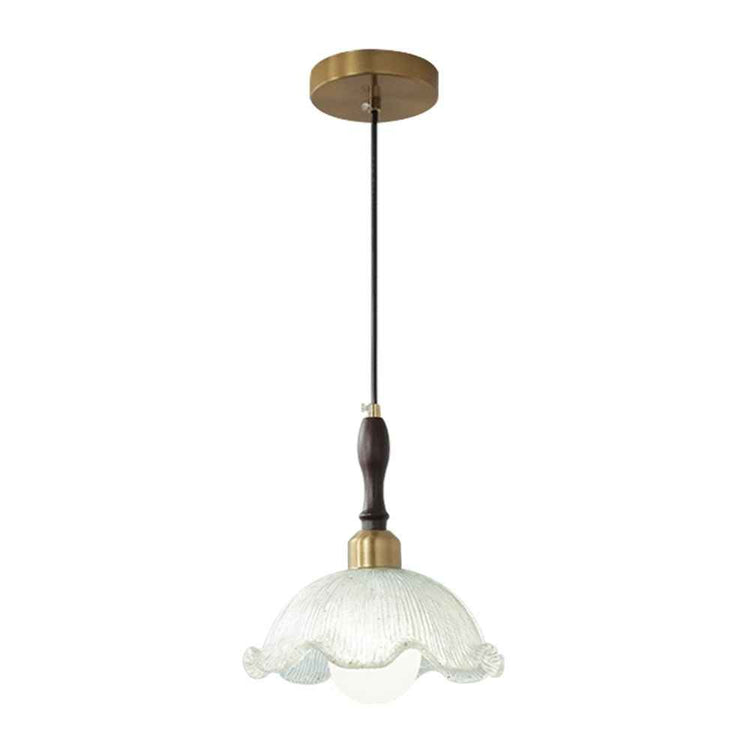 Suspension en laiton et noir, rosace dorée, abat-jour en verre effet fleur