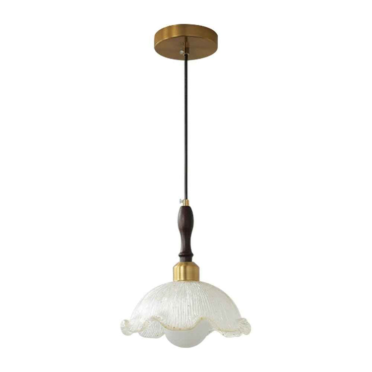 Suspension laiton et noir, tige noire et abat-jour en verre texturé effet fleur