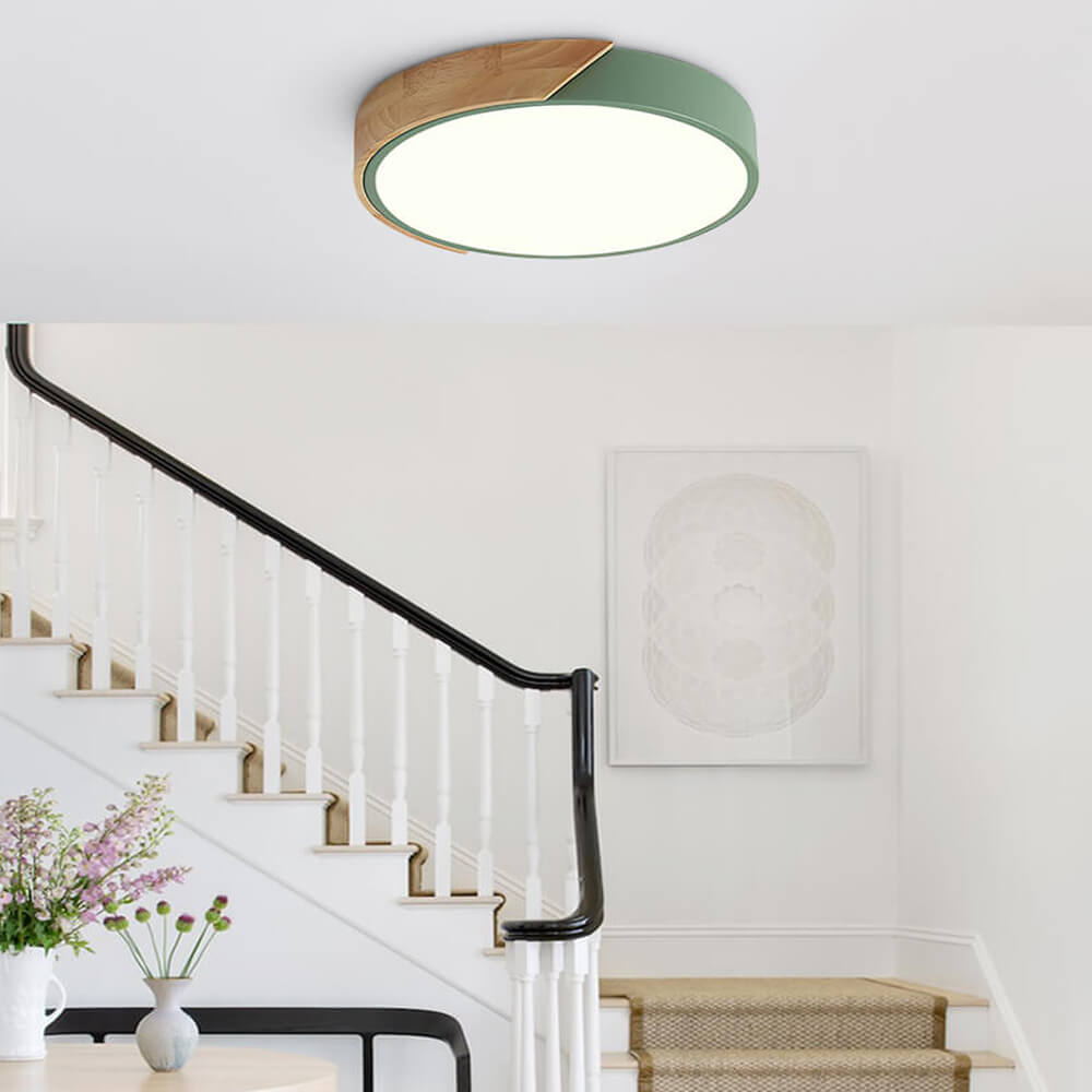 Plafonnier Bois Dimmable Métal et Cercle pour Chambre