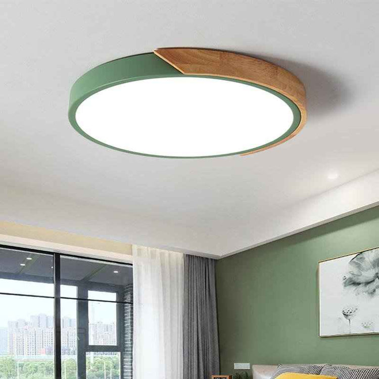 Plafonnier Bois Dimmable Métal et Cercle pour Chambre