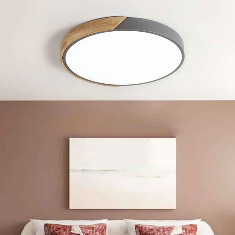 Plafonnier Bois Dimmable Métal et Cercle pour Chambre
