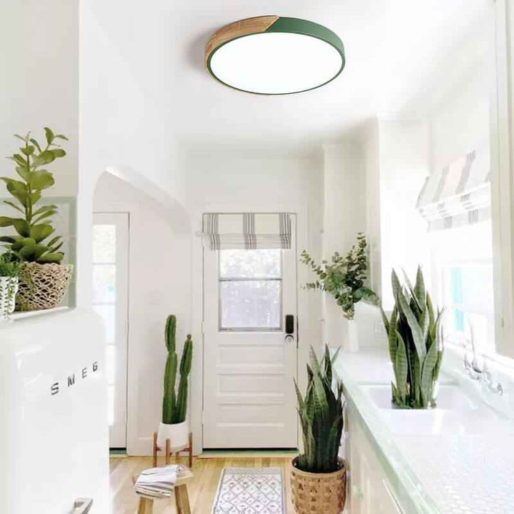 Plafonnier Bois Dimmable Métal et Cercle pour Chambre