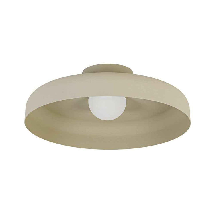 Plafonnier LED dôme beige avec abat-jour semi-encastré, ampoule visible.