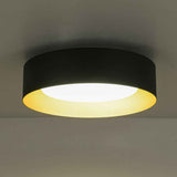 Plafonnier LED cylindrique noir avec diffuseur blanc et anneau doré.