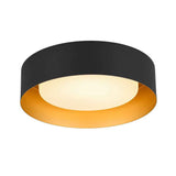 Plafonnier LED tambour noir, diffuseur blanc laiteux éclairé, intérieur doré