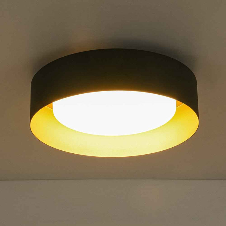 Plafonnier LED noir et anneau doré, diffuseur blanc éclairé au plafond.