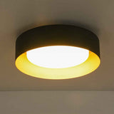 Plafonnier LED noir et anneau doré, diffuseur blanc éclairé au plafond.