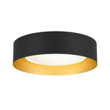 Plafonnier LED rond noir avec diffuseur blanc et base/anneau doré à l’ouverture.