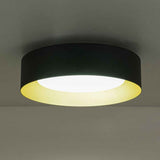 Plafonnier LED en métal noir : diffuseur blanc au centre, anneau doré en bordure.