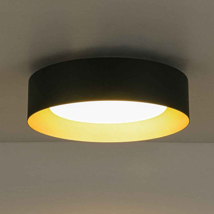 Plafonnier LED tambour noir éclairé, diffuseur laiteux blanc et intérieur doré